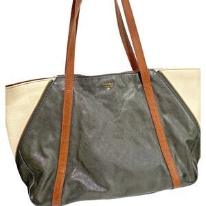 Boho Fossil Black & Brown Leather Tote Purse Hobo Bag Expandable Side Zippers